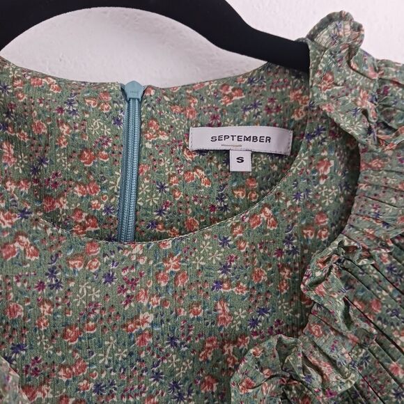 September Floral Frill Yoke High Neck Tiered green Mini Dress size S - Picture 5 of 7